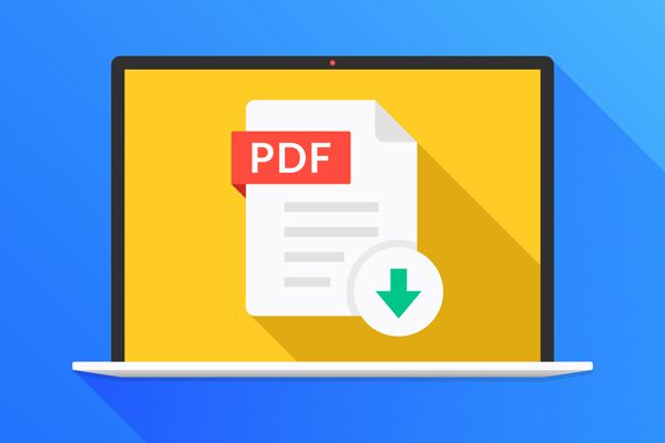 Download PDF button on laptop screen. Downloading document concept. File with PDF label and down arrow sign. Modern long shadow flat design. Vector illustration