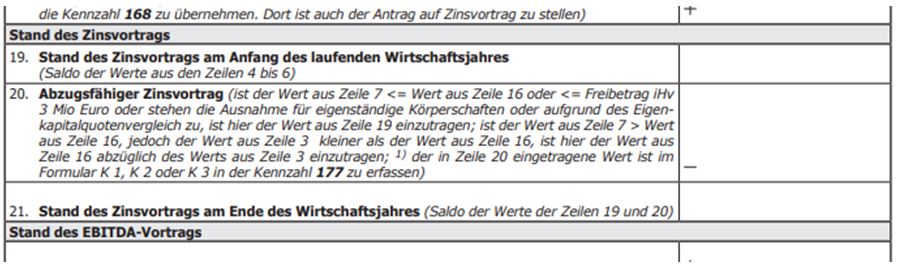 Ausschnitt aus der Beilage K12a zur Körperschaftsteuererklärung für 2022 betreffend Zinsschranke.