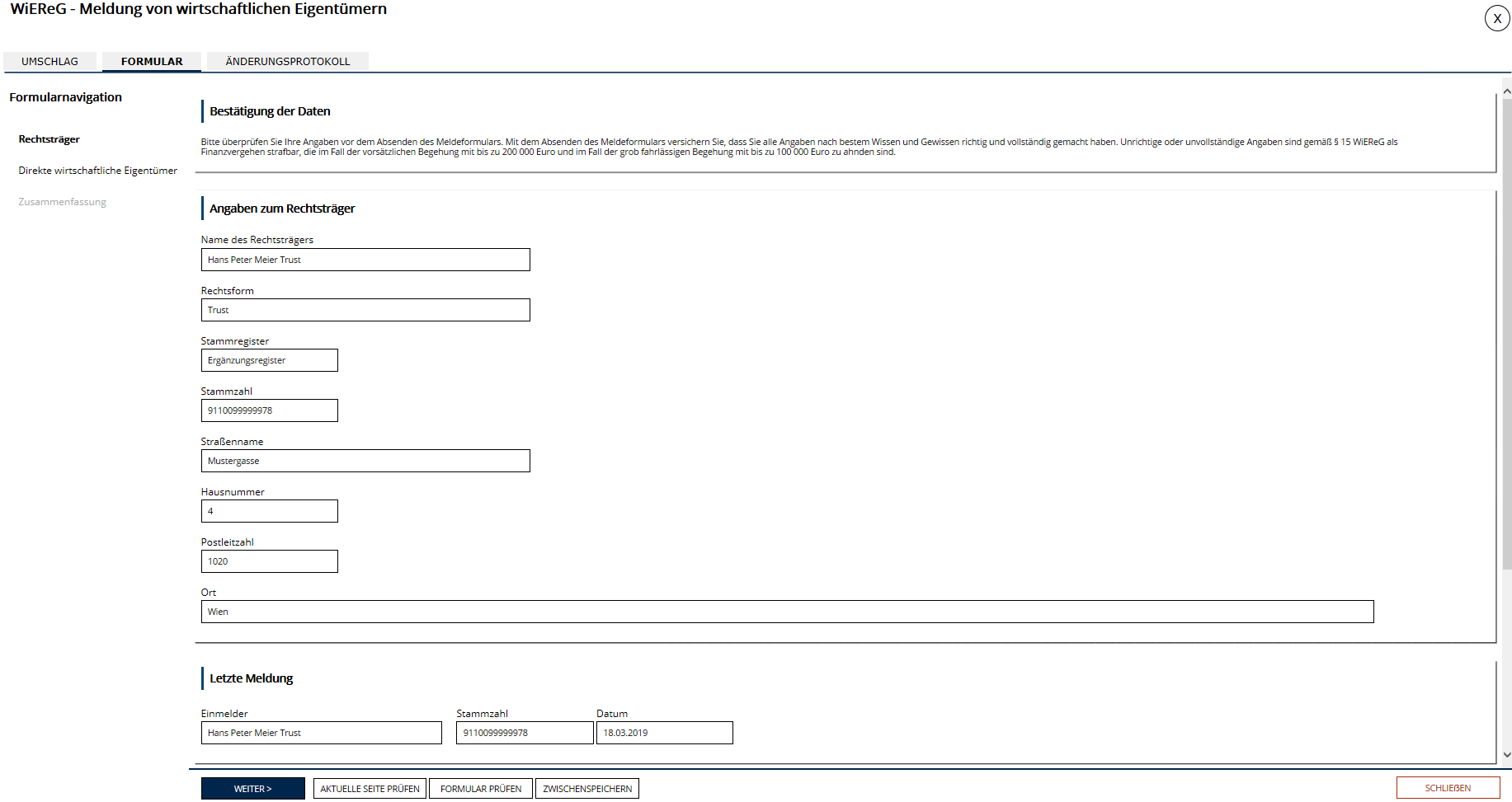 Formularansicht Rechtsträger