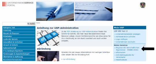 USP - angemeldeter Bereich - Link "Register der wirtschaftlichen Eigentümer - EINMELDUNG" in der rechten Spalte unter "Meine Services"